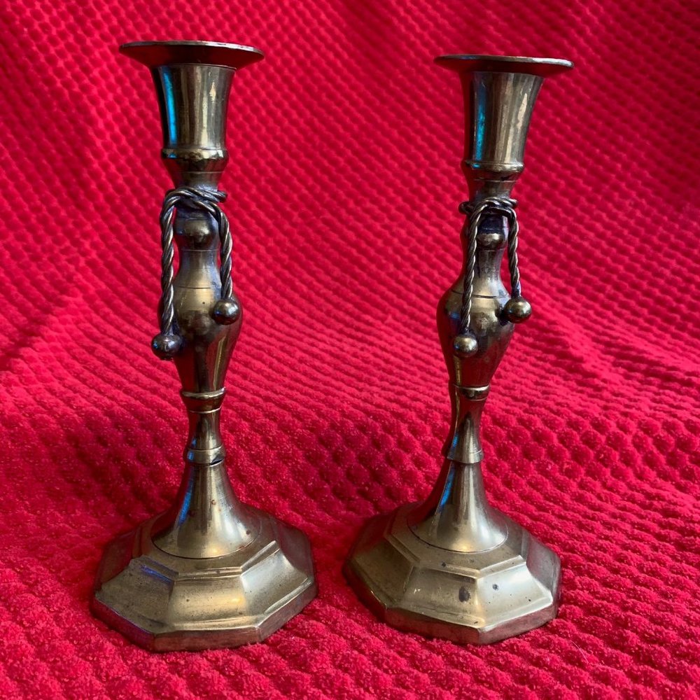 Elegant Pair of Vintage Brass Candlesticks with Rope Swag Embellishment